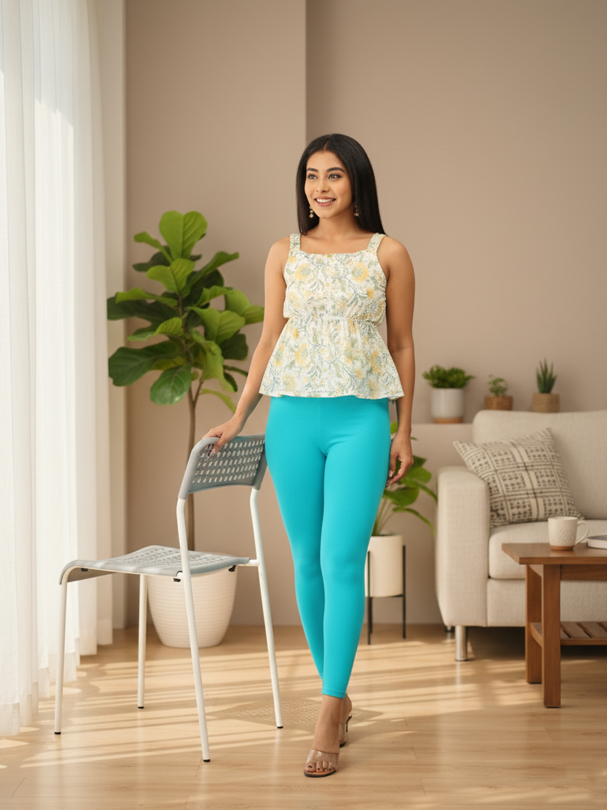 Turquoise Ankle Leggings for Women | Stretchable Cotton Comfort | Comfortable Everyday Wear